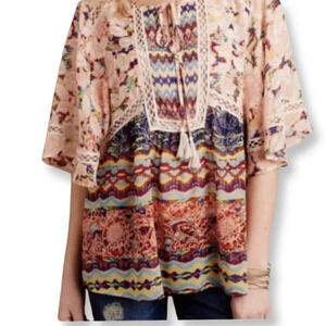 Meadow Rue Anthropologie Small Boho Tassel Ruffle Sleeve Top